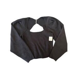 Free People Black Sweater Puff Sleeve Cutout Back Knit Pullover Top Medium M NWT